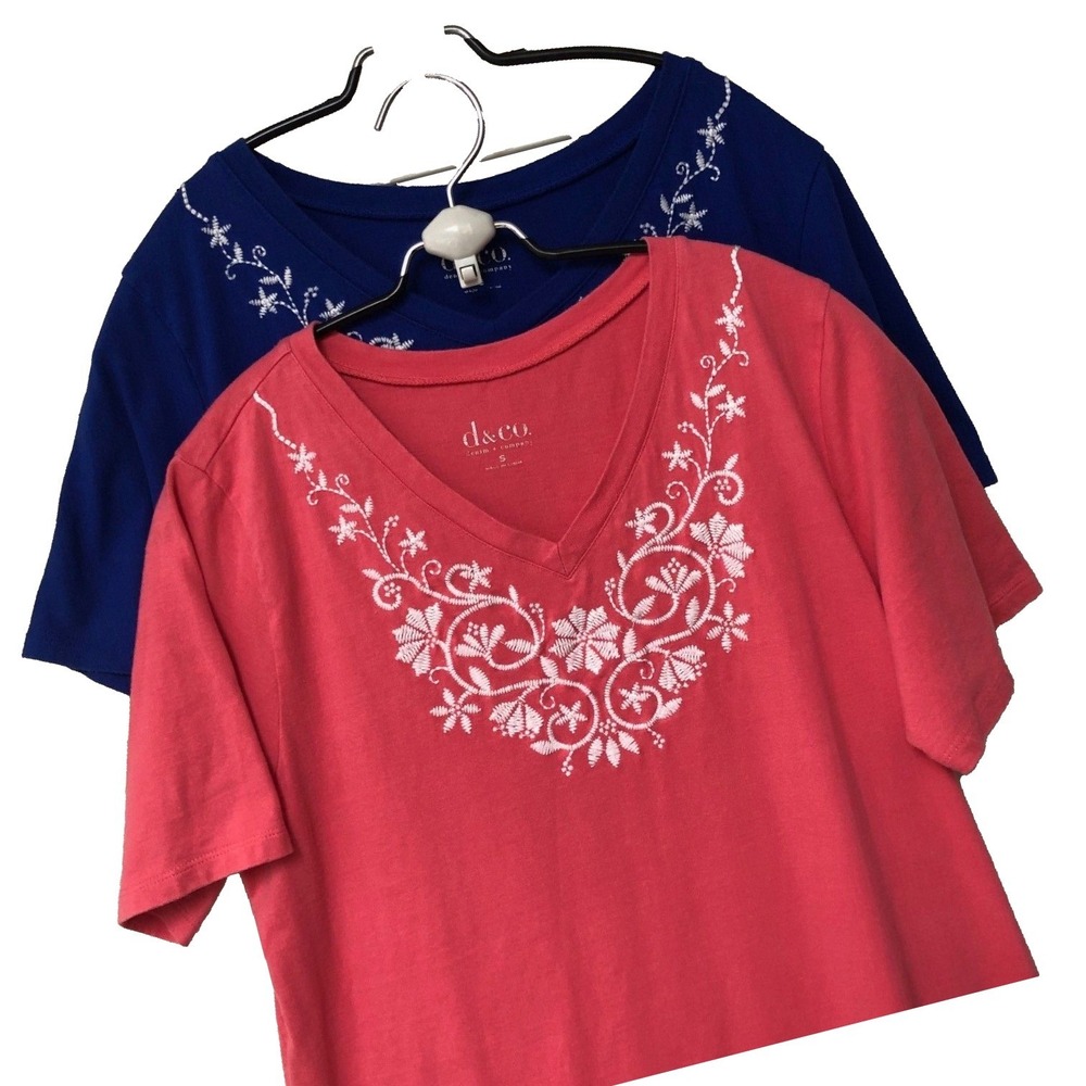 Y2K Lot of 2 Embroidered Tunic Coral Royal Blue Asymmetric Denim & Co Womens S/M